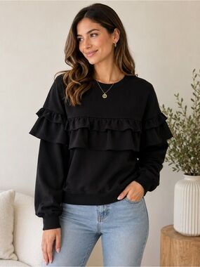 TCEC Black Ruffle Sweatshirt Pullover Size M Feminine Casual Top